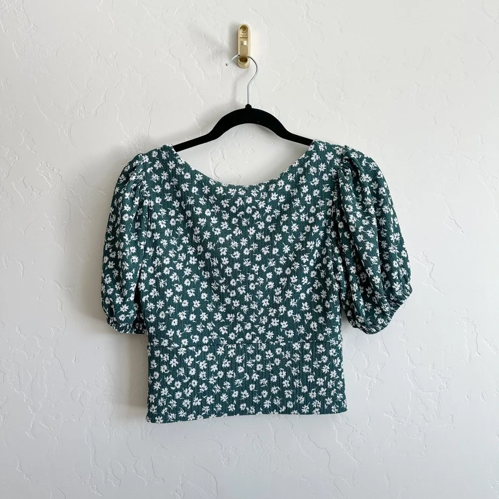 Free People | Daisy Chain Milkmaid Puff Sleeve Crop Top‎ in Green | Small